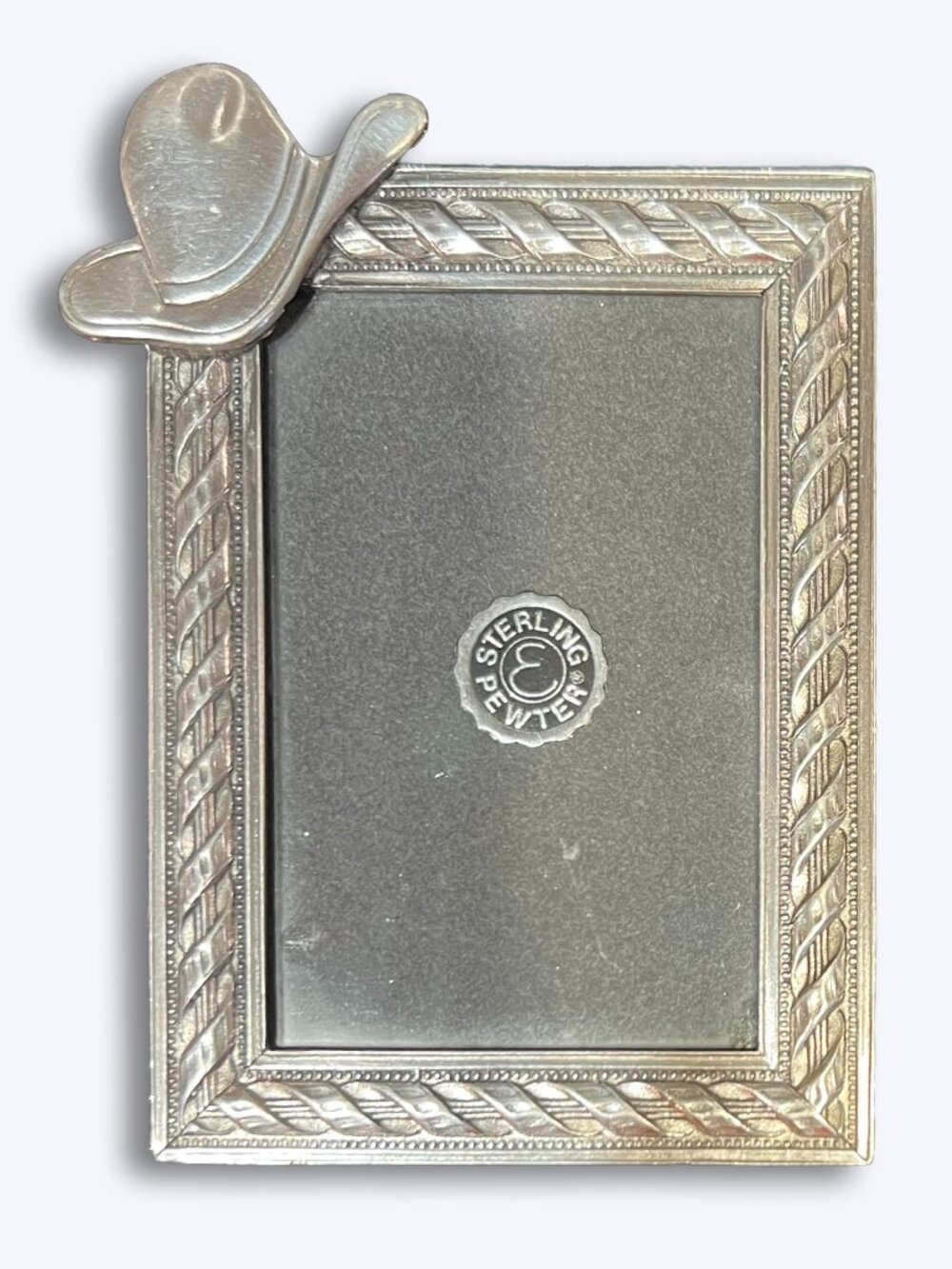 Vtg ELIAS Sterling Pewter Western Cowboy Hat Picture Frame 1992 USA Rope Border